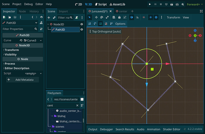 A new scene in Godot with a single Path3D under the root Node3D. A curve has been set for the path.