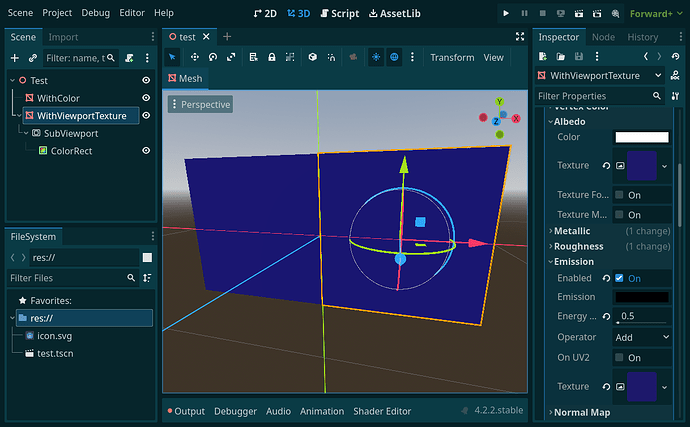 Two quad meshes are placed adjacent to each other in the Godot editor, both with the same, correct color. The one on the right is selected and both the albedo texture and emission textures are set to the same ViewportTexture.