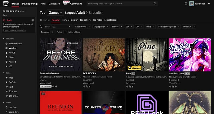 The itch.io browse page with the adult tag filter applied. The page only reports 48 results.
