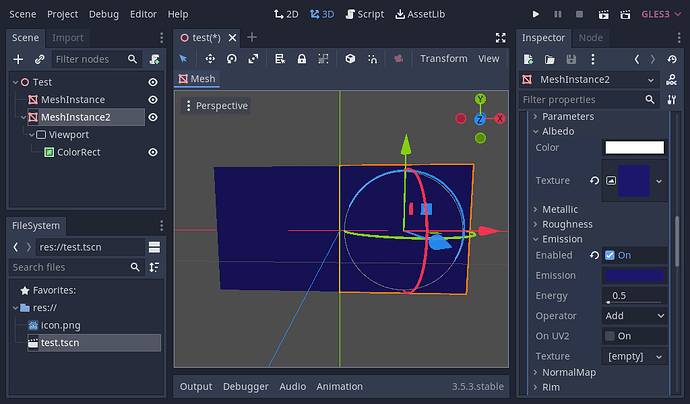 Two quad meshes are placed adjacent to each other in the Godot editor, both with the same, correct color. The one on the right is selected and the albedo texture is set to the ViewportTexture, the emission texture has been set to null, and the emission color has been set to the correct color.