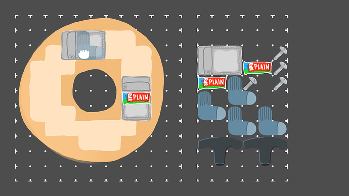 Two grids, the one on the left containing a donut-shaped bag and the other on the right containing a mix of items. The items include open tins, energy bars, socks, screws, and handles.