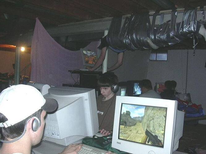 lan party where one guy is duct taped to the ceiling