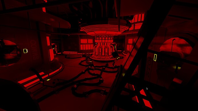 A picture of the reactor room, which is lit in red lighting. The reactor is visible, a ladder to the right partially obscures the view, and there are a bunch of cables clamped to the floor.