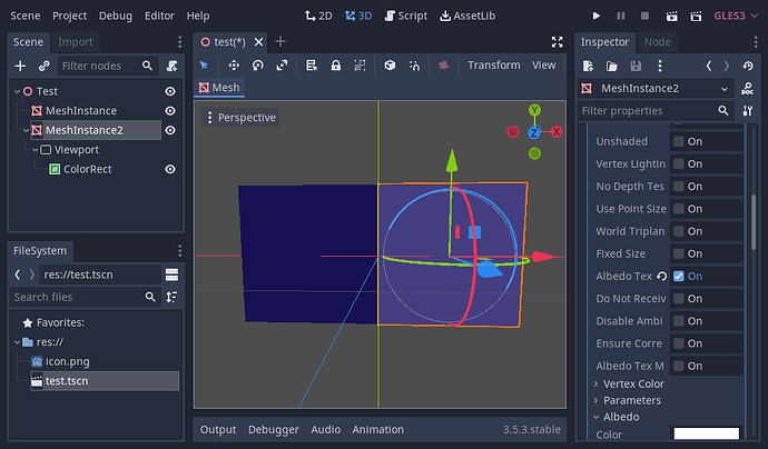 Two quad meshes are placed adjacent to each other in the Godot editor, the one on the left has the correct color while the one on the right has a lighter color. The one on the right is selected and the  property has been set to true.