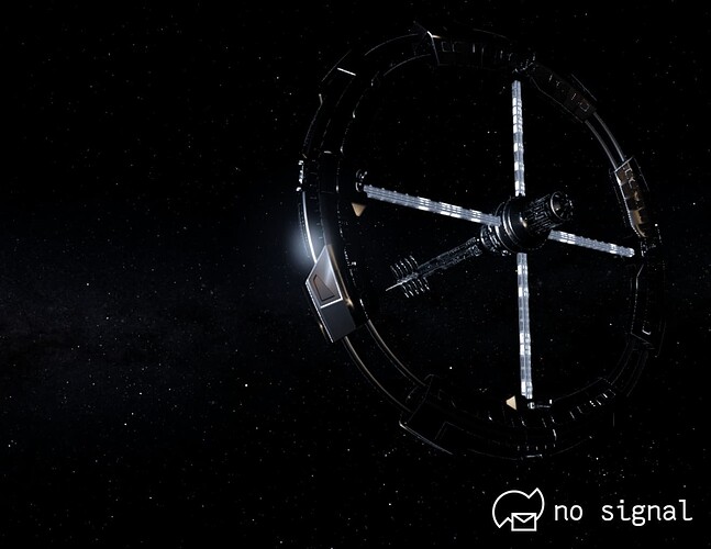 The front of the no signal brochure, which shows a rotating wheel style space station on a galaxy background with the no signal logo underneath.