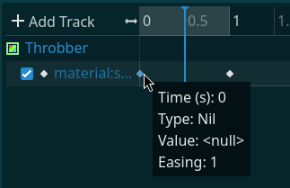 A mouse cursor is hovered over the first key frame in an animation player, showing that the type of the key frame is nil and that the value is null.